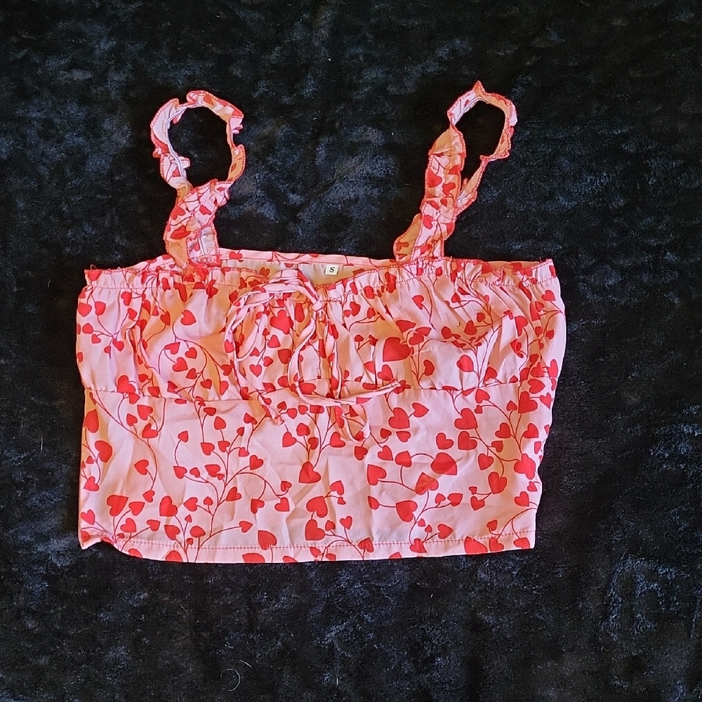 Pink and Red Heart Print Crop Top